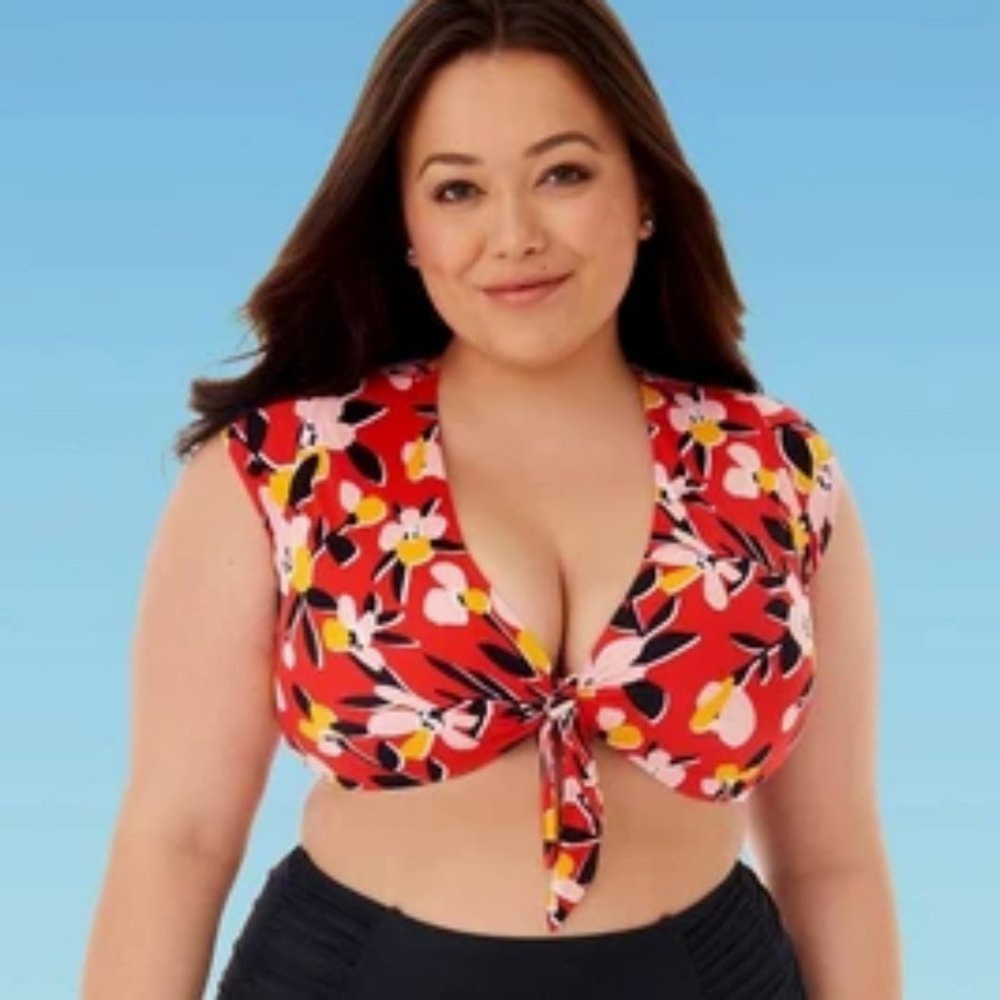 Beach Betty Bikini Top Womens‎ 1X Red Floral Tie Front Cap Sleeve Tropical
